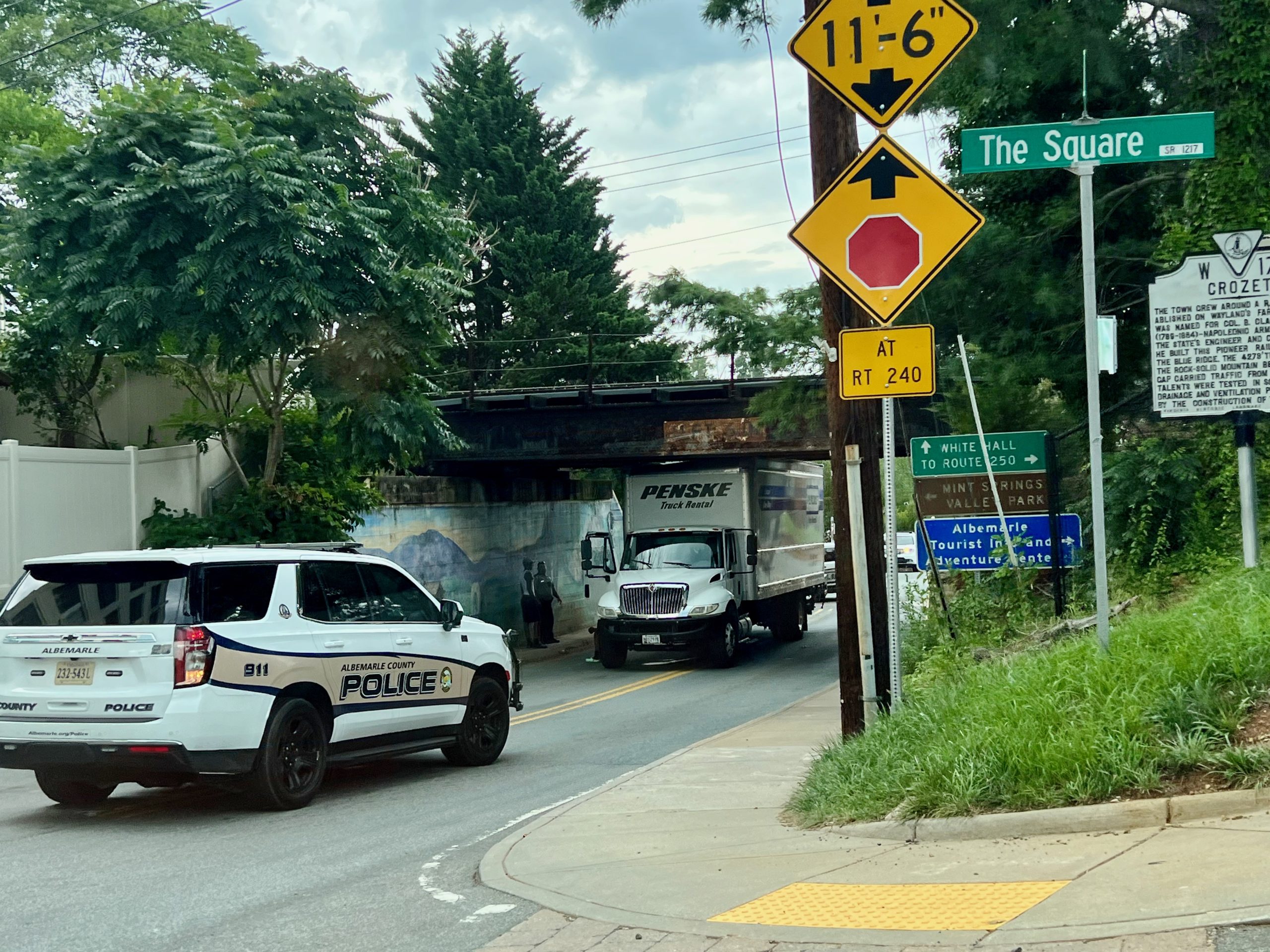 Penske truck stuck under Crozet bridge