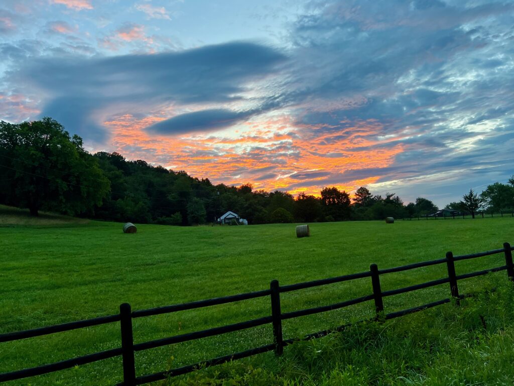 Sunrise, clouds, fence and round hay bales